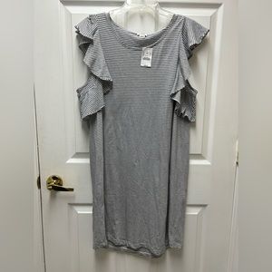 🌹NWT J CREW DRESS. L. RUFFLES AND BLACK & WHITE STRIPES.🌹